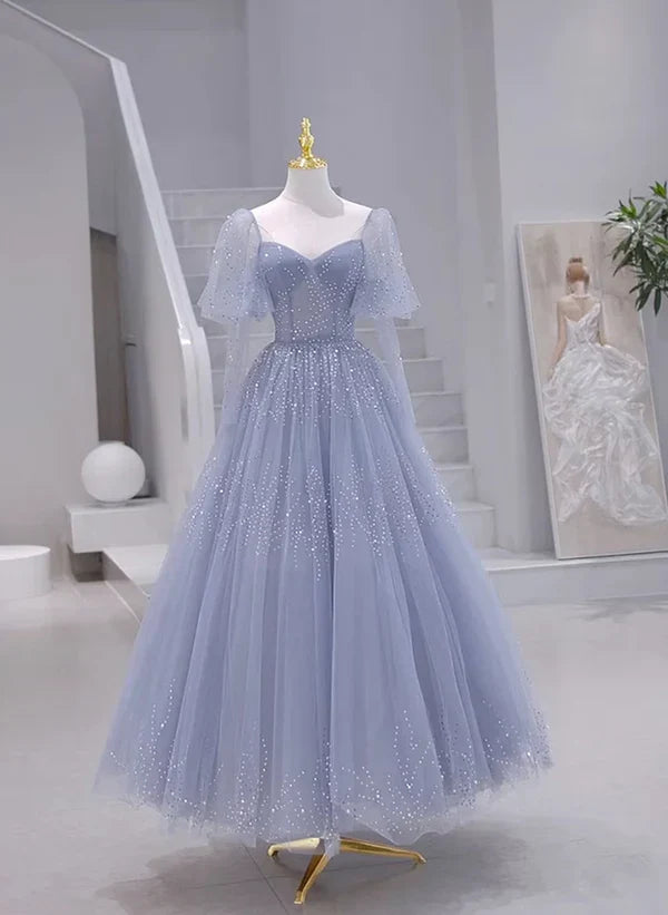 Luolandi Sparkling Blue Short Sleeves Tulle Long Sweetheart Party Dress A-line Blue Prom Dress Elegant