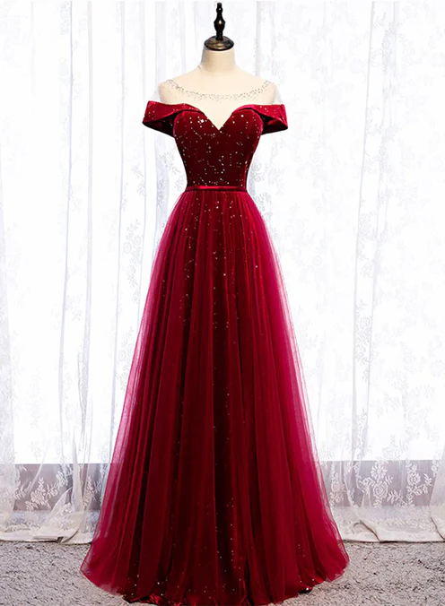 Luolandi Wine Red Velvet and Tulle Long Prom Dress A-line Floor Length Prom Dress Elegant Evening Dress