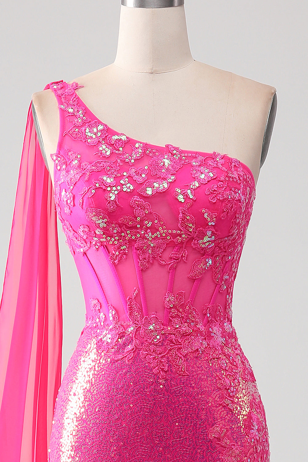 Luolandi Sparkly Fuchsia Mermaid One Shoulder Appliques Prom Dress With Slit Evening Dress