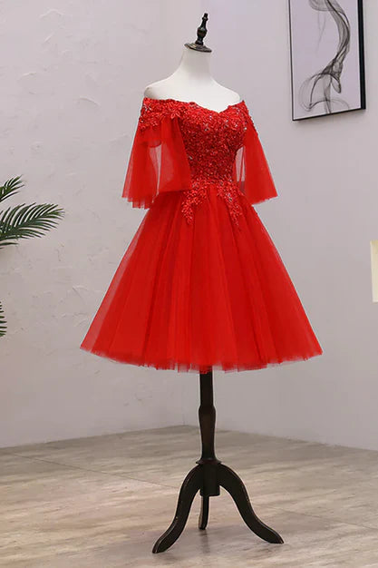Luolandi Red Sweetheart Tulle with Lace and Beaded Homecoming Dress Party Dress Off Shoulder