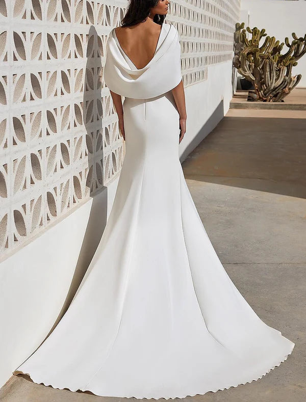 Luolandi Beach Formal Wedding Dresses A-Line V Neck Short Sleeve Sweep / Brush Train Fabric Bridal Gowns With Ruched Split