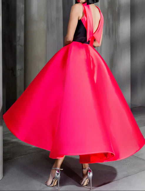 Luolandi Ball Gown Color Block Celebrity Style Elegant Prom Formal Evening Birthday Dress Christmas Red Green Dress High Neck Sleeveless Ankle Length Satin with Bow