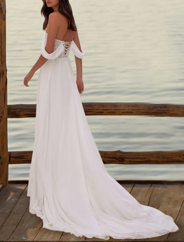 Luolandi Hall Formal Wedding Dresses Sheath / Column Off Shoulder Short Sleeve Court Train Organza Bridal Gowns