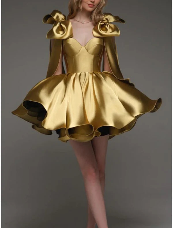 Luolandi A-Line Homecoming Dresses Party Dress Birthday Fall Short / Mini Sleeveless Square Neck Satin with Bow(s) Pleats Gold