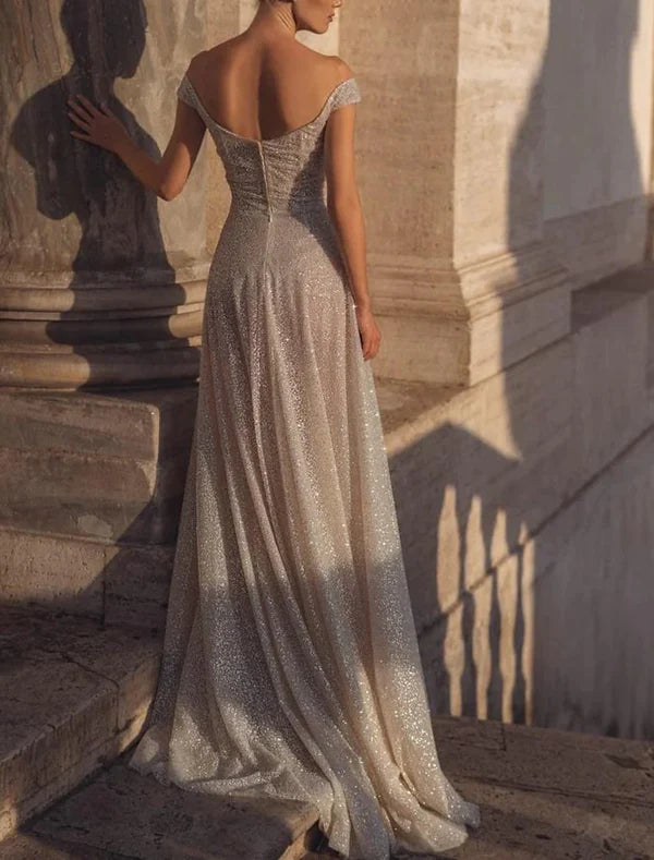 Luolandi Bustier Wedding Dresses A-Line Off Shoulder Camisole Sleeveless Floor Length Chiffon Bridal Gowns With Pleats Sparkly Evening Dress