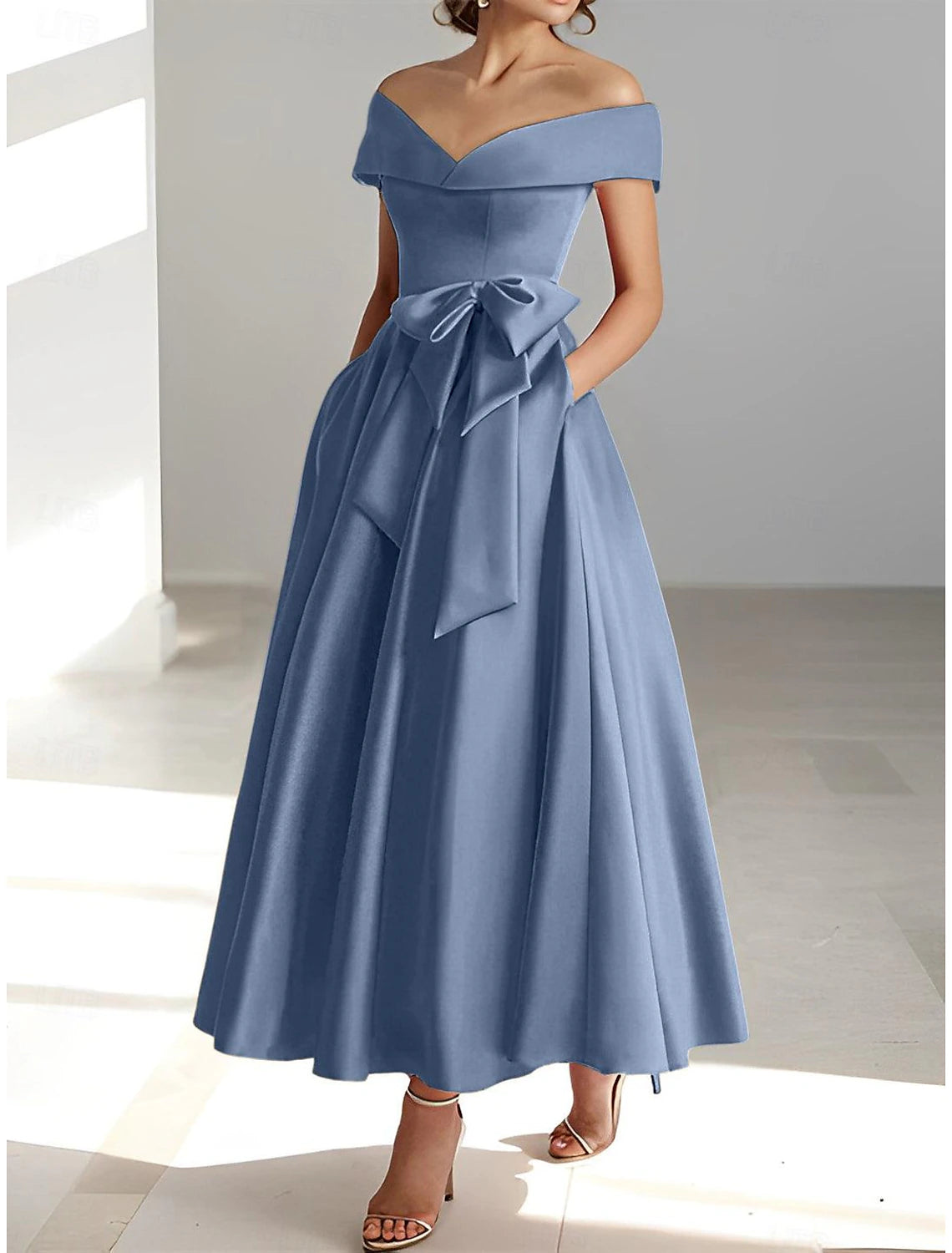 Luolandi A-Line Wedding Guest Dress Elegant Dress Semi-formal Dress Tea Length Short Sleeve Off Shoulder Pocket Satin with Bow(s) Evening Dress
