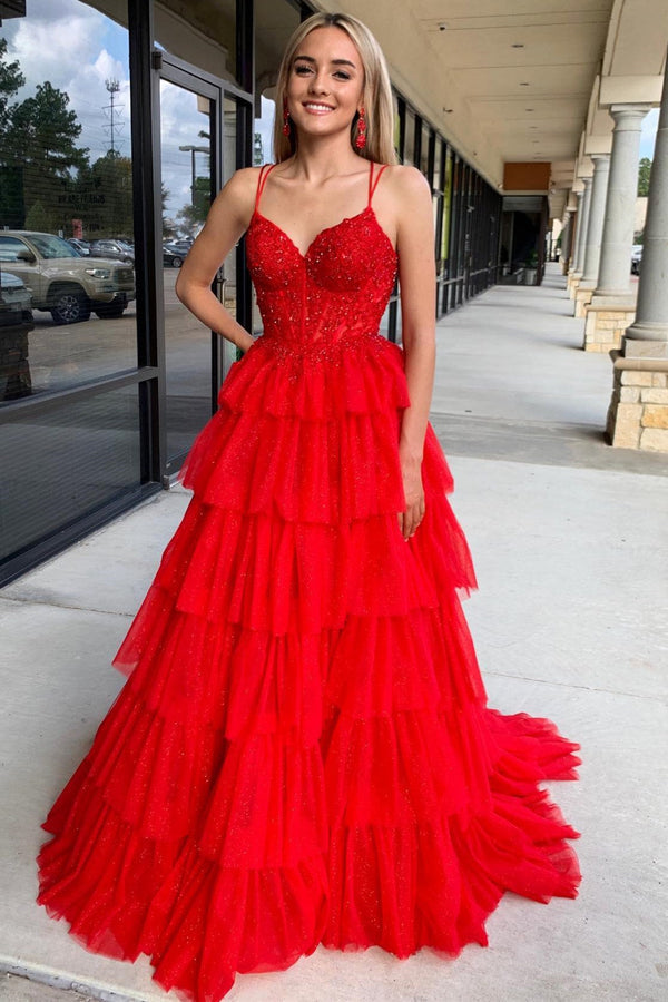 Luolandi Tiered Ruffle Appliques Corset Long Prom Dress with Spaghetti Straps Beautiful