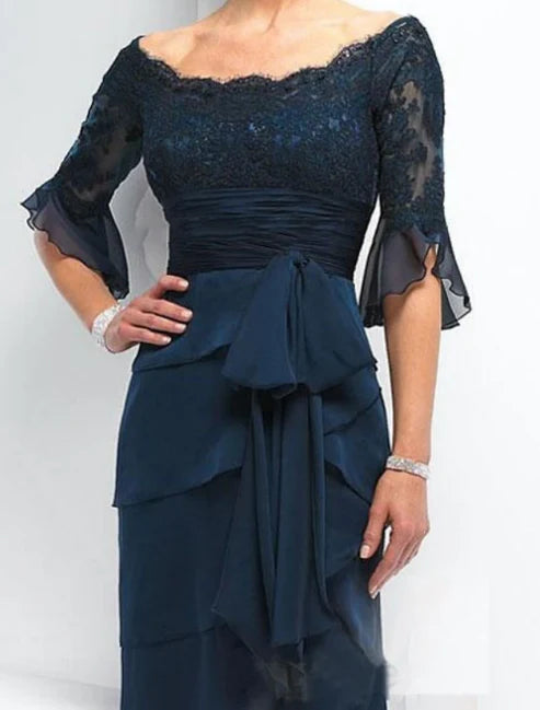 Luolandi A-Line Mother of the Bride Dress Wedding Guest Elegant & Luxurious Off Shoulder Floor Length Chiffon Lace Half Sleeve with Sash / Ribbon Bow(s)