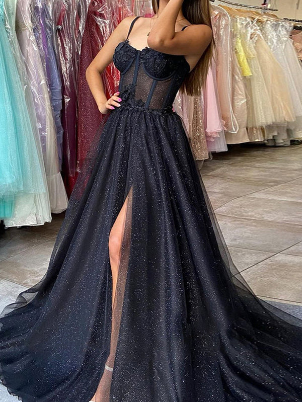 Luolandi A-line Spaghetti Straps Glitter Tulle Prom Dress Sexy Sparkly Evening Dress