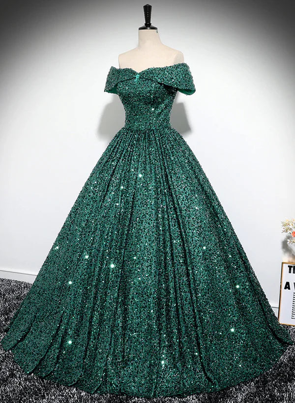 Luolandi A-Line Princess Glitter Dark Green Sequins Off Shoulder Ball Gown Prom Dress Formal Dress Sparkly