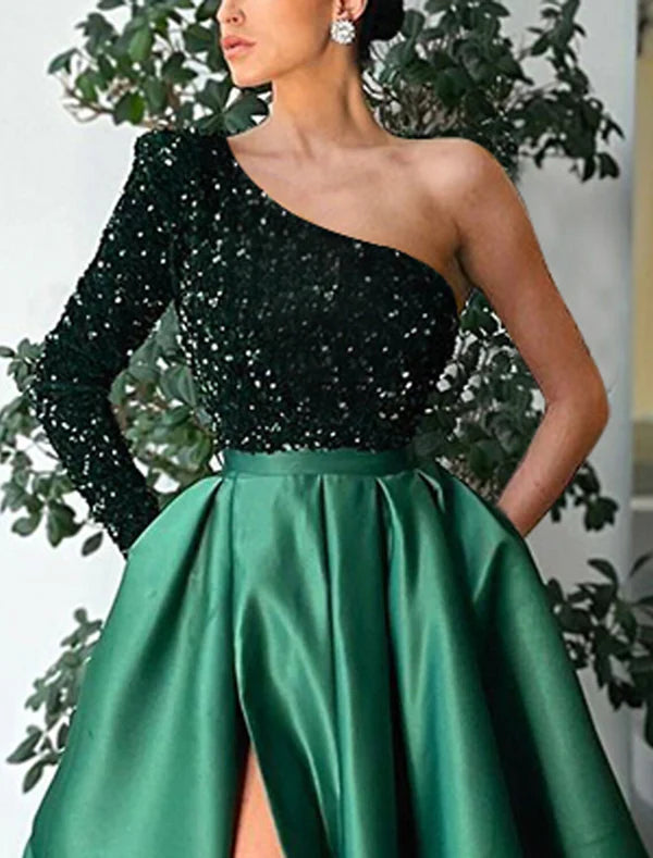 Luolandi A-Line Evening Gown Luxurious Green Dress Prom Wedding Party Floor Length Long Sleeve One Shoulder Sequined with Slit Sparkly