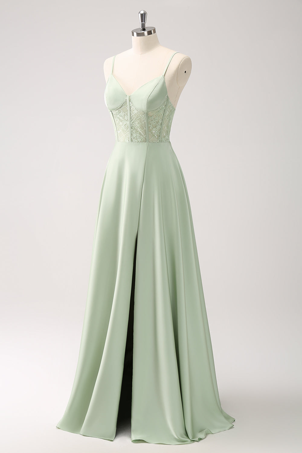 Luolandi A Line Green Ruffles Corset Lace Long Prom Dress With Slit Bridesmaid Dress Evening Dress