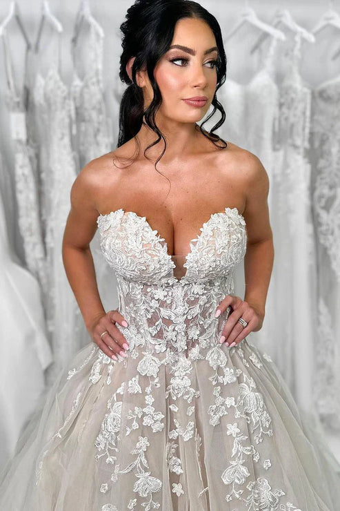 Luolandi Ball Gown Sweetheart Tulle Wedding Dresses with Appliques Off Shoulder Beautiful