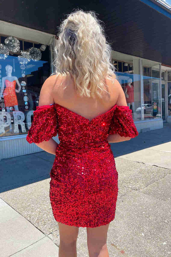 Luolandi Bodycon Sweetheart Sequins Homecoming Dress Off Shoulder Sparkly Party Dress