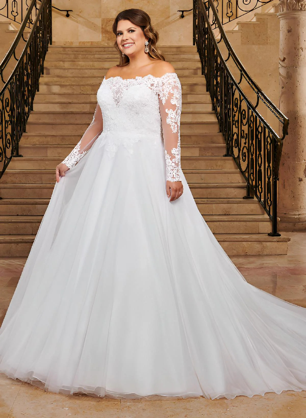 Luolandi Off-The-Shoulder Lace Wedding Dresses With Tulle And Long Sleeves Floor Length Elegant