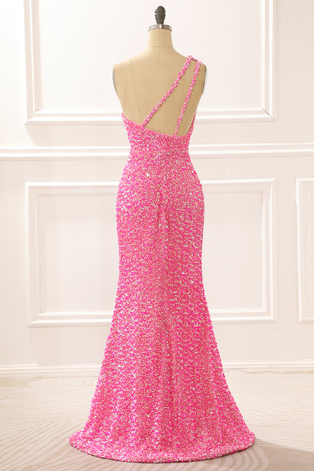 Luolandi Hot Pink One Shoulder Sparkly Prom Dress Evening Dress With Slit