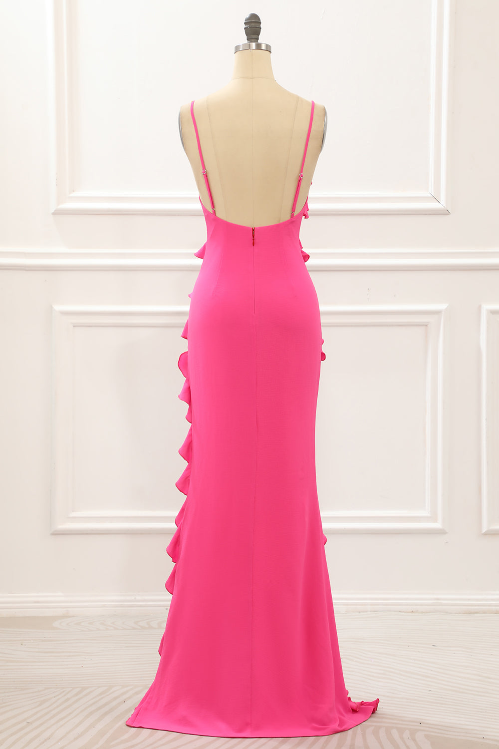 Luolandi Hot Pink Satin Ruffles Prom Dress With Slit Sexy Evening Dress Party Dress