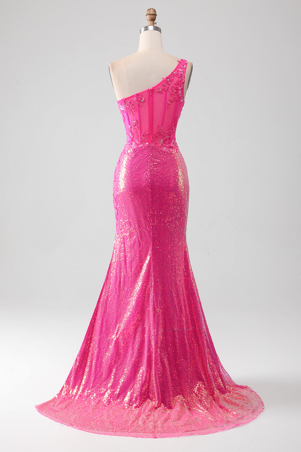 Luolandi Sparkly Fuchsia Mermaid One Shoulder Appliques Prom Dress With Slit Evening Dress