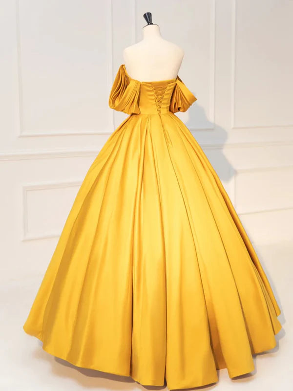 Luolandi Yellow Off Shoulder Satin Long Prom Dress Quinceanera Dress Solid Color Evening Dress