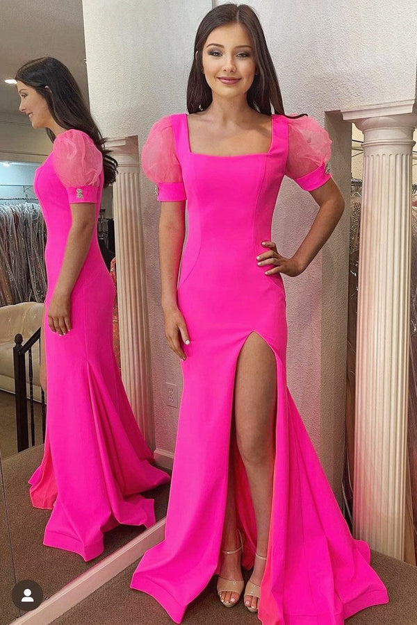 Luolandi Hot Pink Square Neck Puff Sleeve Mermaid Long Dress with Slit Elegant Party Dress