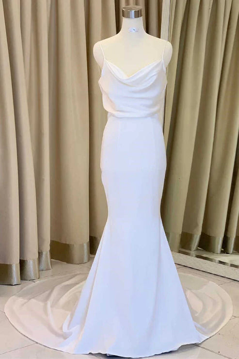 Luolandi Mermaid Cowl Neck Satin Long Wedding Dress Solid Color Sexy