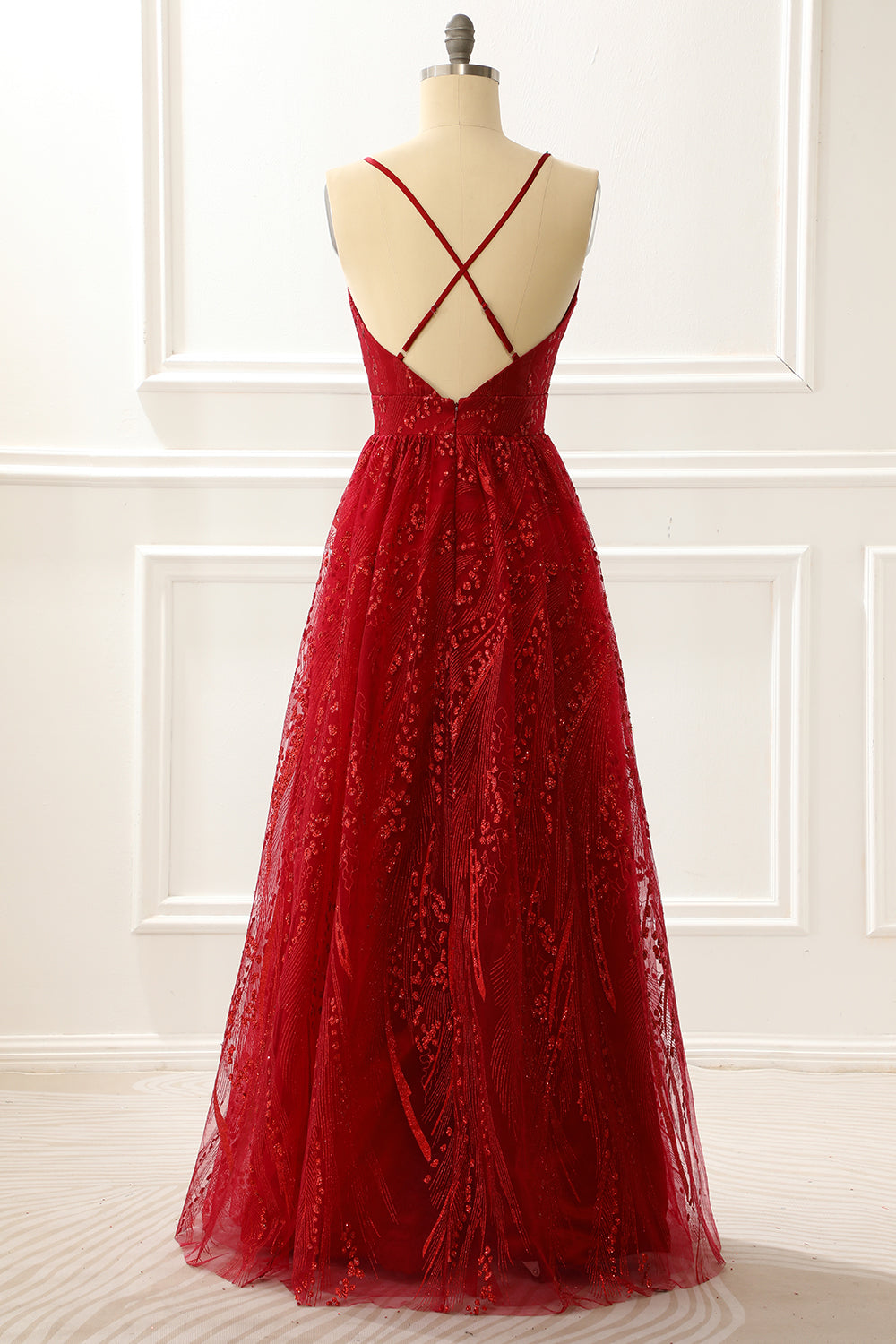Luolandi Spaghetti Straps Burgundy A Line Princess Prom Dress V-neck Floor Length