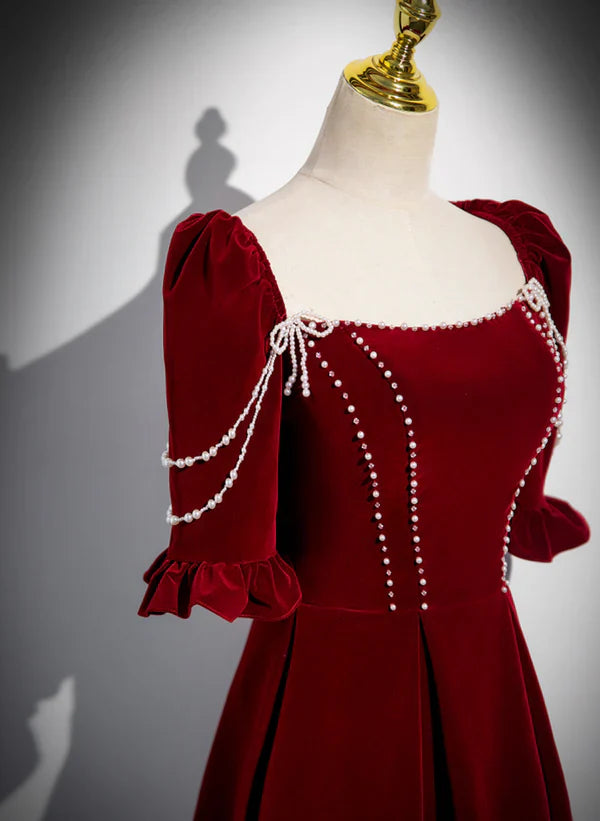 Luolandi Wine Red Velvet Pearl Short Sleeves Long Prom Dress A-line Evening Dress Elegant