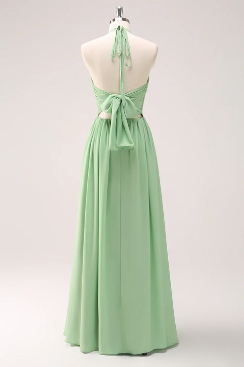 Luolandi Light Green A Line Halter Backless Lace Up Long Bridesmaid Dress Party Dress