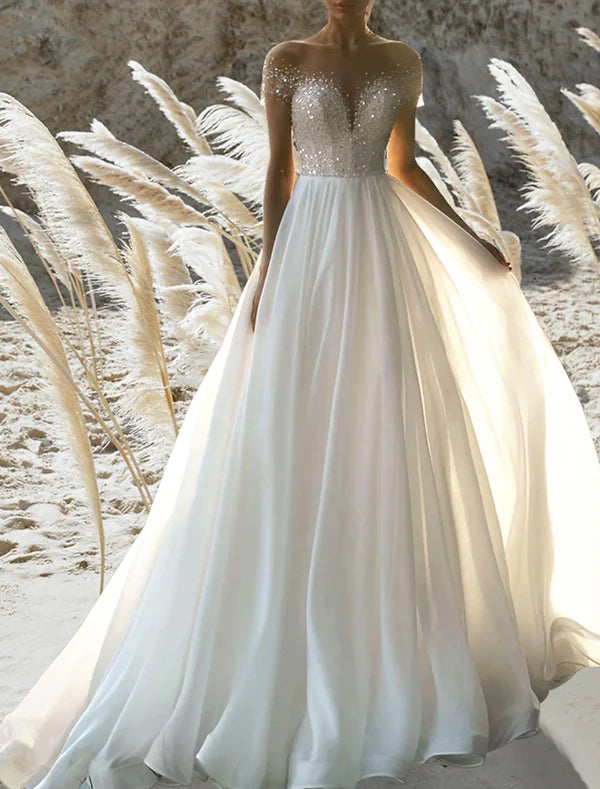 Luolandi Beach Formal Wedding Dresses A-Line Off Shoulder Short Sleeve Court Train Chiffon Bridal Gowns With Pleats Beading Sparkly