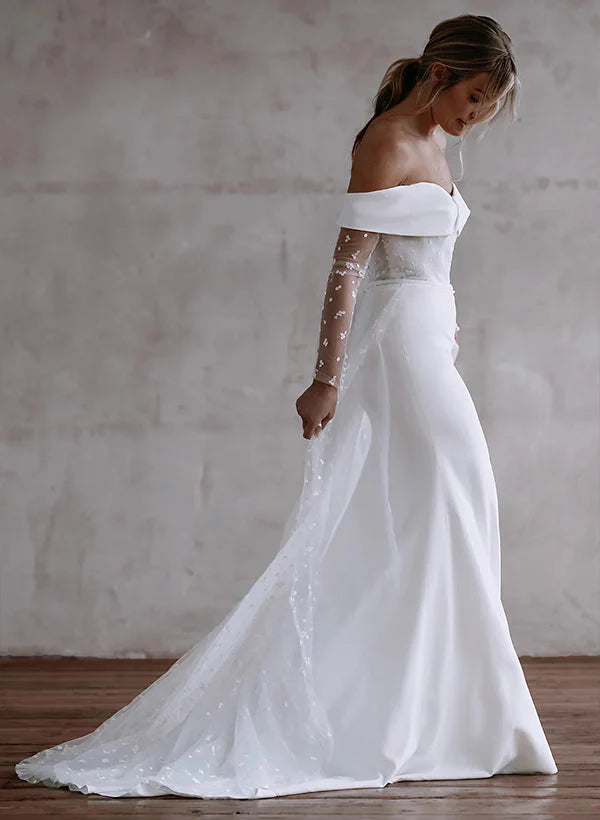 Luolandi Off-The-Shoulder Long Sleeves Sweep Train Lace/ Satin Wedding Dress With Lace Elegant