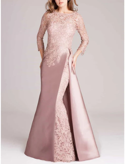 Luolandi Mermaid / Trumpet Mother of the Bride Dress Wedding Guest Elegant Scoop Neck Floor Length Satin Long Sleeve with Lace Split