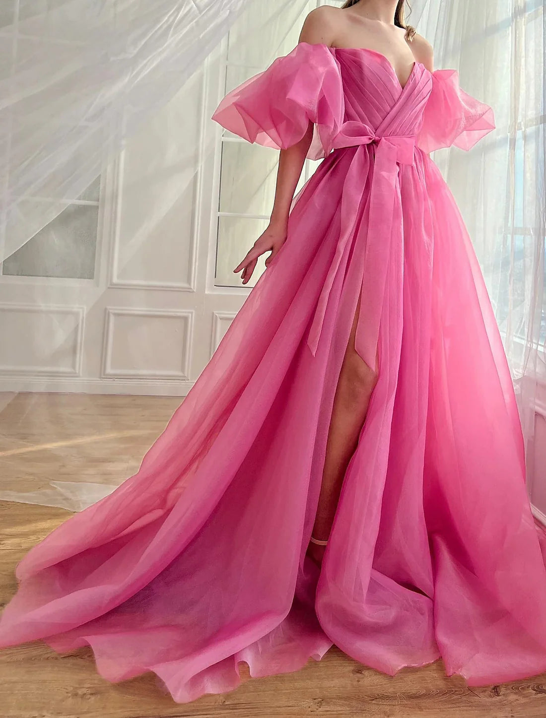 Luolandi Pink Ball Gown A-Line Prom Dresses Princess Dress Prom Birthday Court Train Short Sleeve Tulle Backless with Ruched Off Shoulder