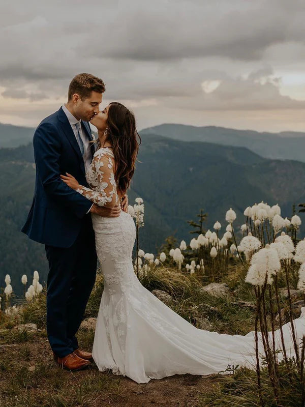 Luolandi Fabulous Long Sleeves Lace Appliqued Chapel Train Wedding Dresses Mermaid Gowns Elegant