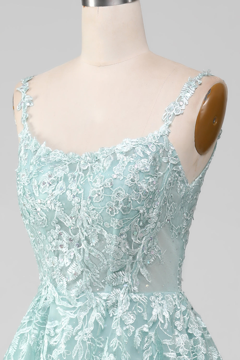 Luolandi Glitter Mint A-Line Tulle Long Prom Dress With Lace And Slit Beautiful