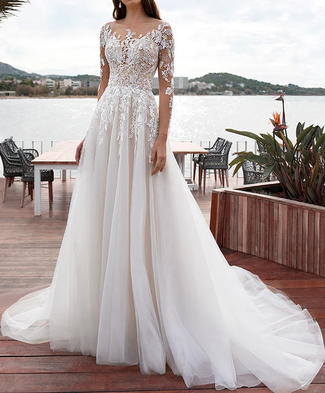 Luolandi Boho Lace Long Sleeves Wedding Dresses With Ball-Gown Floor Length Elegant