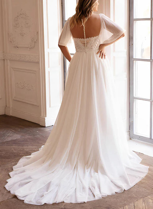 Luolandi Plus Size Sweetheart Short Sleeves Sweep Train Chiffon Wedding Dresses With Slit