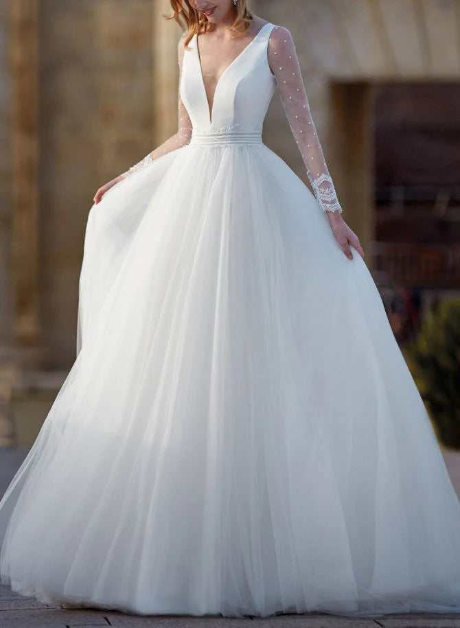 Luolandi Ball-Gown Tulle Wedding Dresses With Long Sleeves And V-Neck Floor Length Sexy