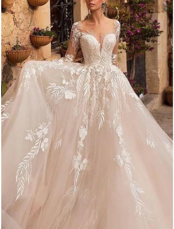 Luolandi Formal Wedding Dresses A-Line V Neck Long Sleeve Court Train Tulle Bridal Gowns With Pleats Appliques Beautiful