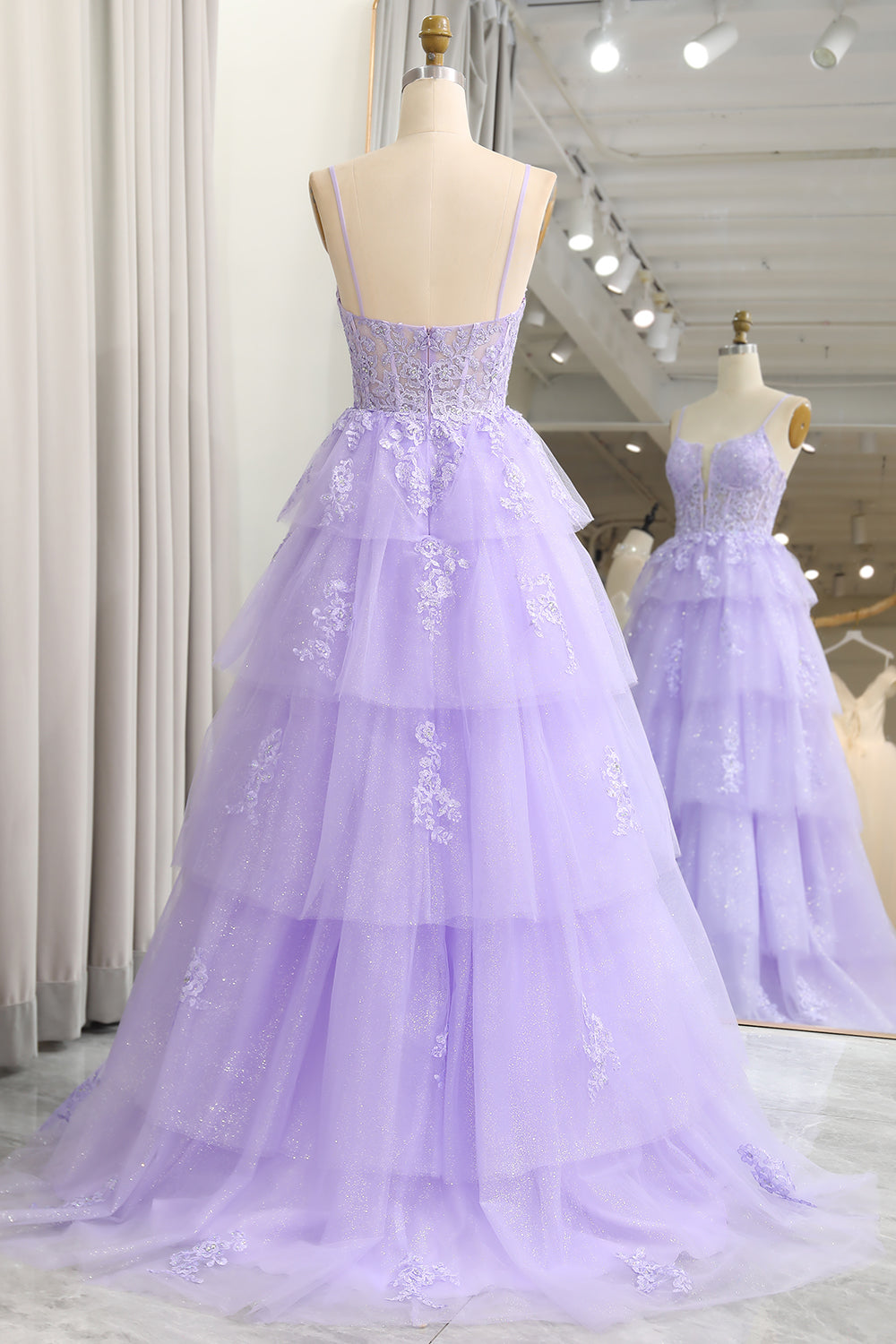 Luolandi A Line Appliqued Tiered Long Corset Lilac Prom Dress With Slit Elegant