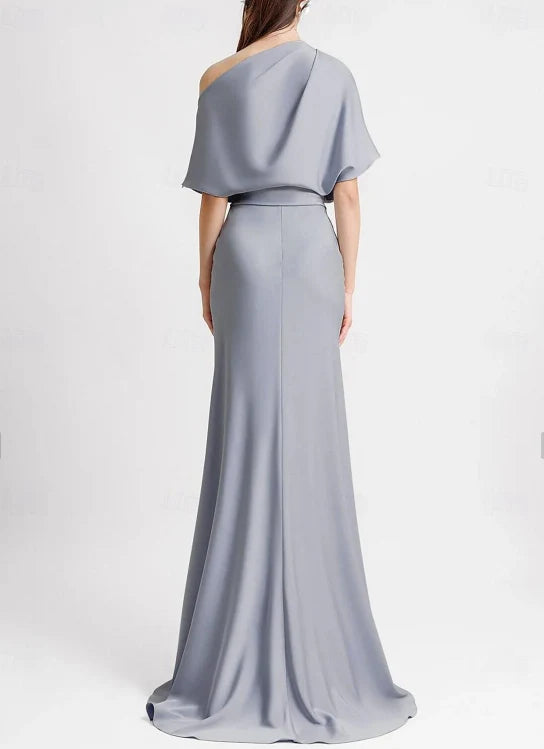 Luolandi A-Line Evening Gown Wedding Guest Floor Length Sleeveless One Shoulder Satin with Pleats