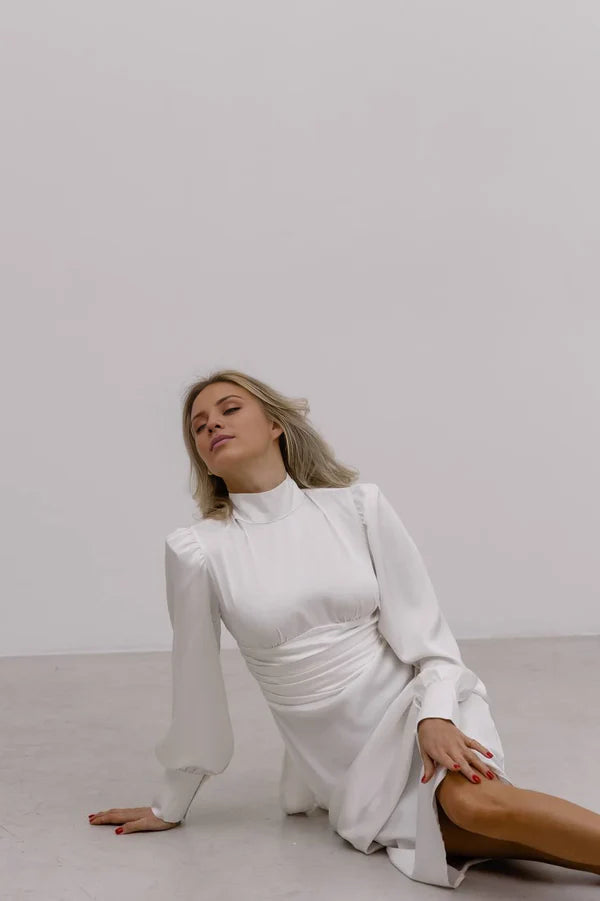 Luolandi Silk With Turtleneck Wedding Guest Dress Long Sleeves Formal Dress Cocktail Dress