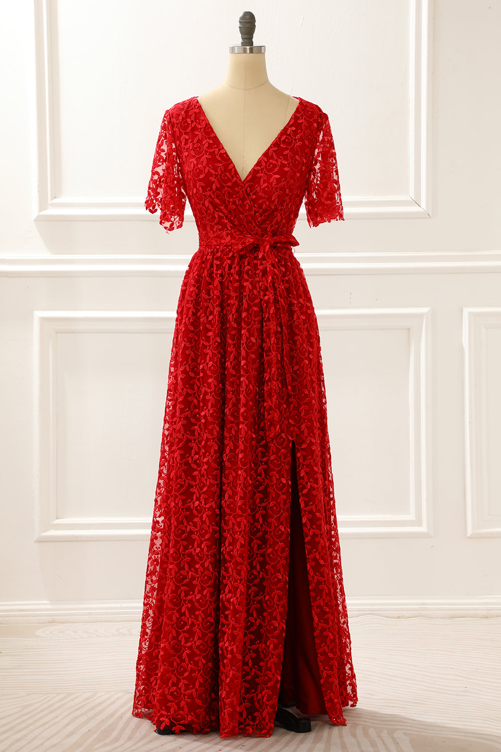 Luolandi Red V-Neck Lace Prom Dress With Slit Short Sleeve Floor Length Evening Dress