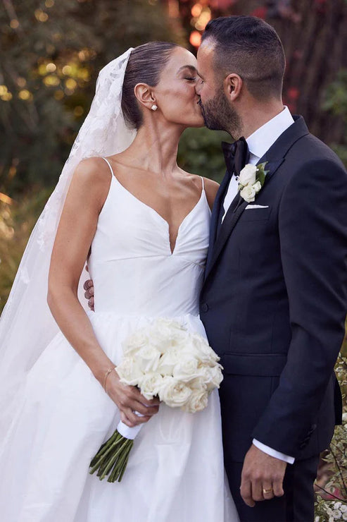 Luolandi A-Line Satin Spaghetti Straps Backless Wedding Dresses V-neck Sexy