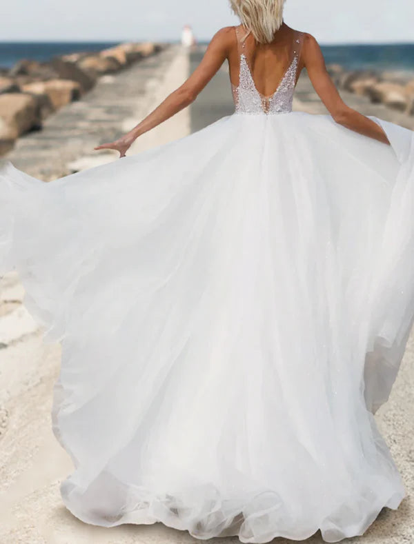 Luolandi Elegant Beach Open Back Boho Wedding Dresses A-Line Sweetheart Sleeveless Court Train Tulle Bridal Gowns