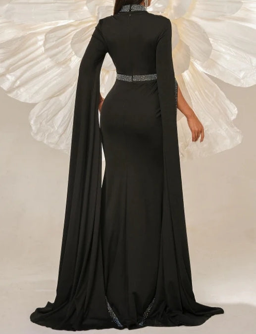 Luolandi Black Mermaid / Trumpet Evening Gown Formal Floor Length Long Sleeve Illusion Neck Crepe with Glitter Sparkly