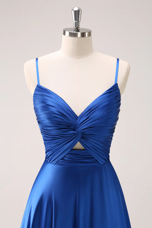 Luolandi Blue Spaghetti Straps Satin Bridesmaid Dress with Slit Floor Length Party Dress