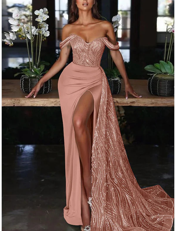 Luolandi Mermaid Dress Evening Gown Red Green Dress Dress Formal Wedding Guest Court Train Sleeveless Off Shoulder Charmeuse with Ruched Sequin Slit