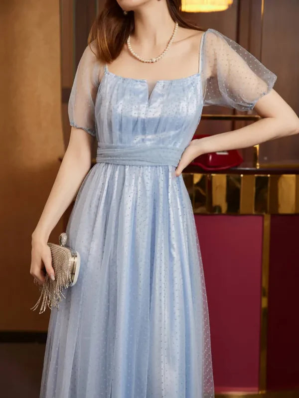 Luolandi Women's blue sheer card polka dot printed ball elegant formal party prom dress Beautiful