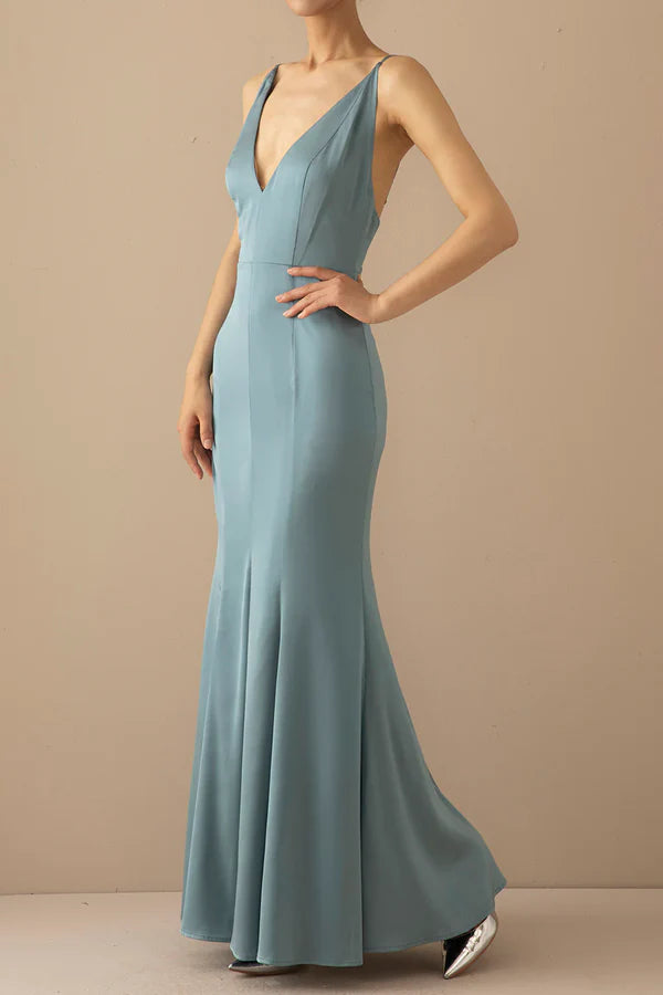 Luolandi Mermaid blue V-neck long backless and floor length prom dress Evening Dress