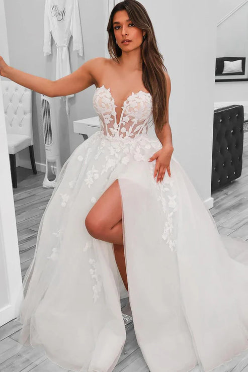 Luolandi A-Line Sweetheart Tulle Wedding Dresses With Slit Off Shoulder Floor Length Beautiful